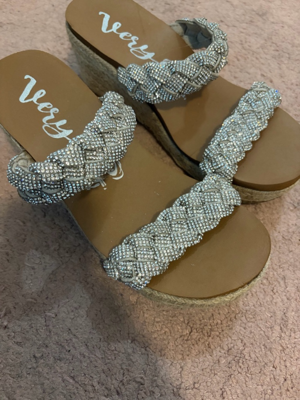Buckle Silver Beaded Braided Wedge Sandals